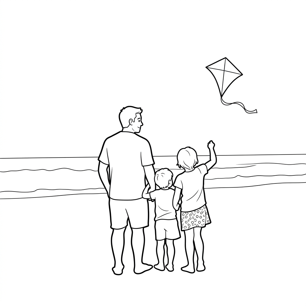 The same beach scene as a black and white coloring page
