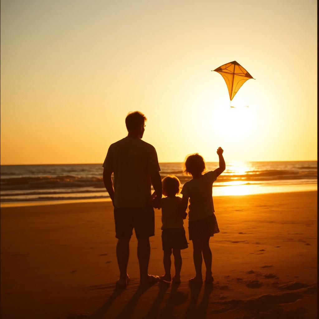 A family flying a kite on the beach